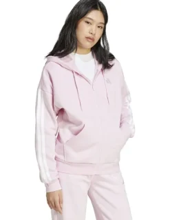 adidas Essentials 3-Stripes Full-Zip Fleece Hoodie in Clear Pink