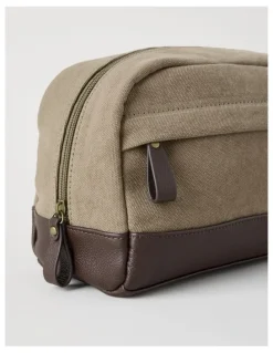 Basque Canvas Washbag With Leather Trim Toiletry Bag Beige/Brown
