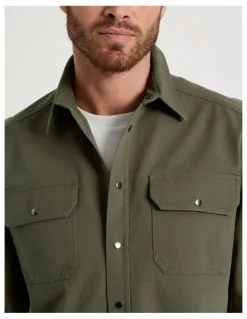 Basque Drill Overshirt With Stud Buttons in Olive