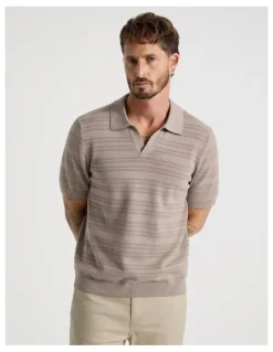 Basque Horizontal Knit Polo in Taupe