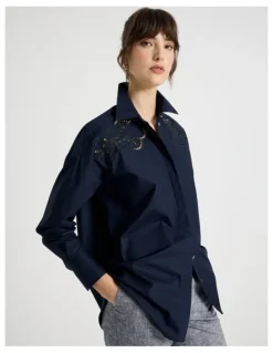 Basque Long Sleeve Cutwork Detail Shirt in Navy