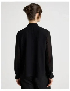 Basque Long Sleeve Lace Trim Blouse in Black