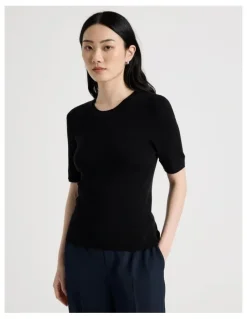 Basque Short Sleeve Double Layer Knit Tee in Black