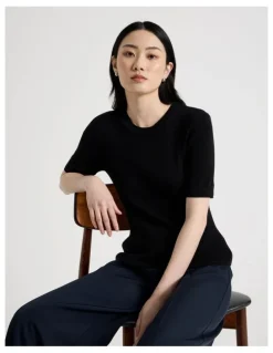 Basque Short Sleeve Double Layer Knit Tee in Black