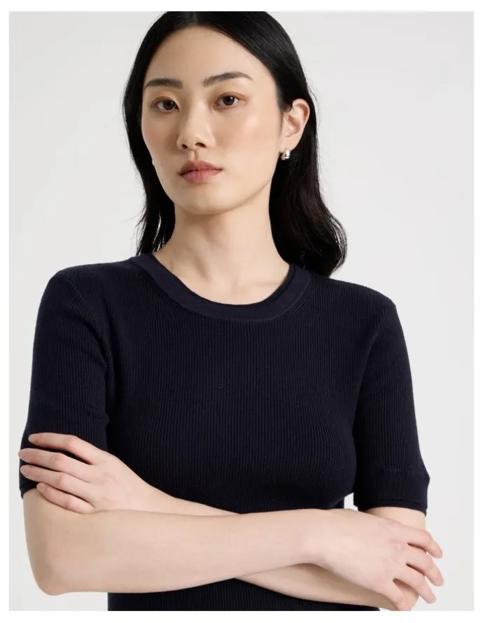 Basque Short Sleeve Double Layer Knit Tee in Navy