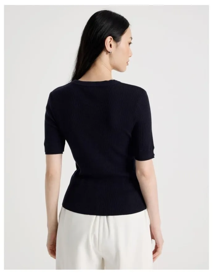 Basque Short Sleeve Double Layer Knit Tee in Navy