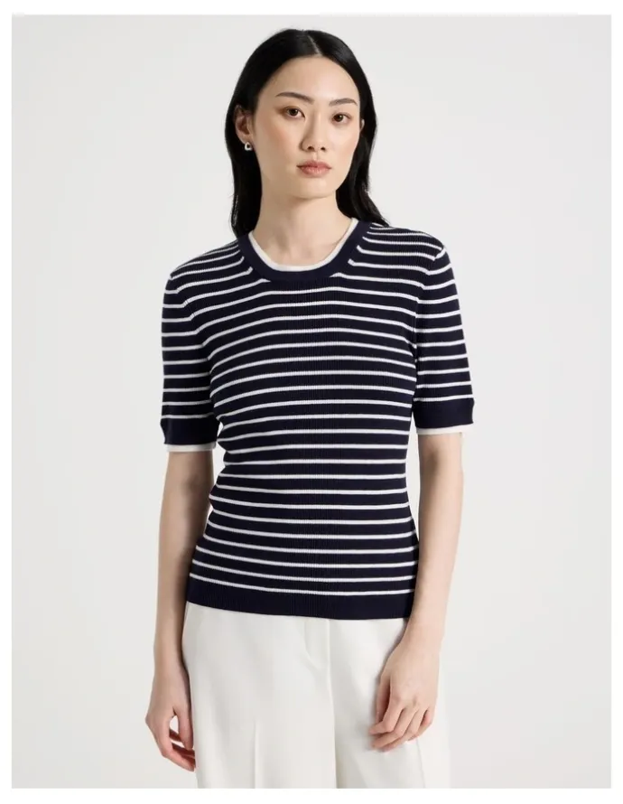 Basque Short Sleeve Double Layer Knit Tee in Navy and White Stripe