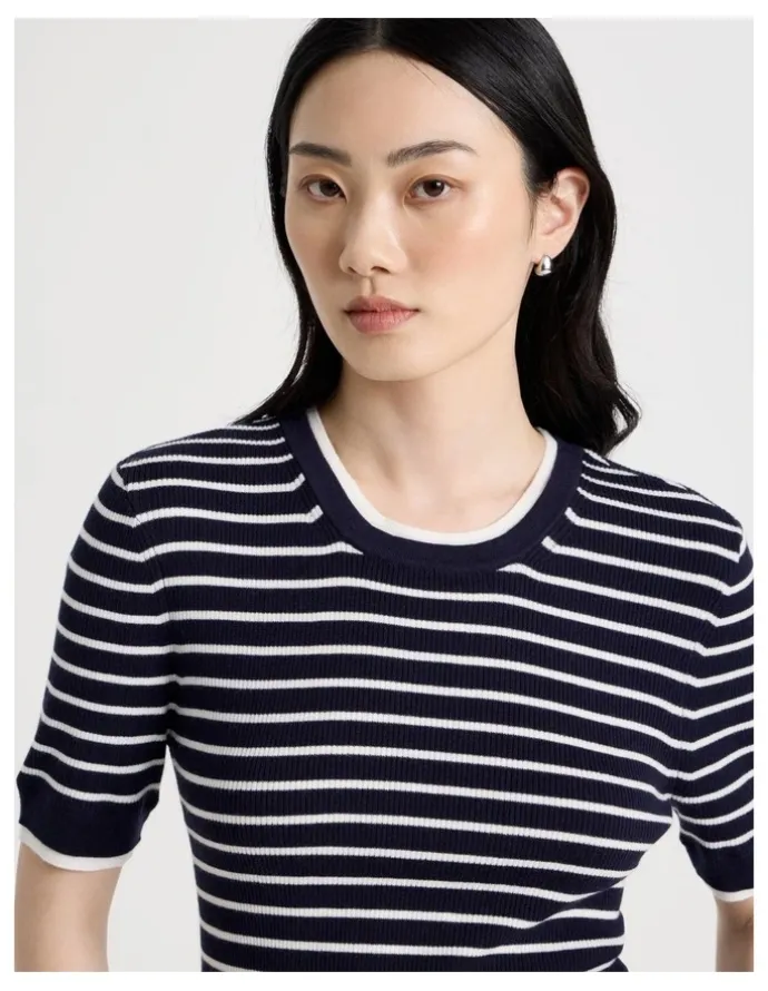 Basque Short Sleeve Double Layer Knit Tee in Navy and White Stripe