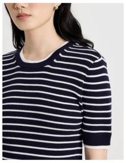 Basque Short Sleeve Double Layer Knit Tee in Navy and White Stripe