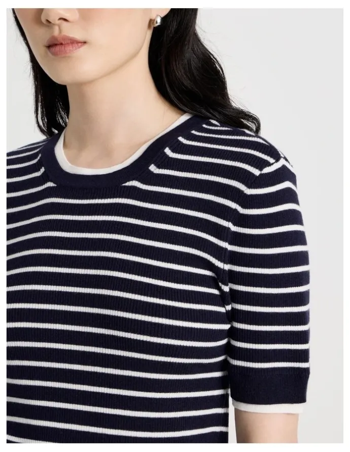 Basque Short Sleeve Double Layer Knit Tee in Navy and White Stripe