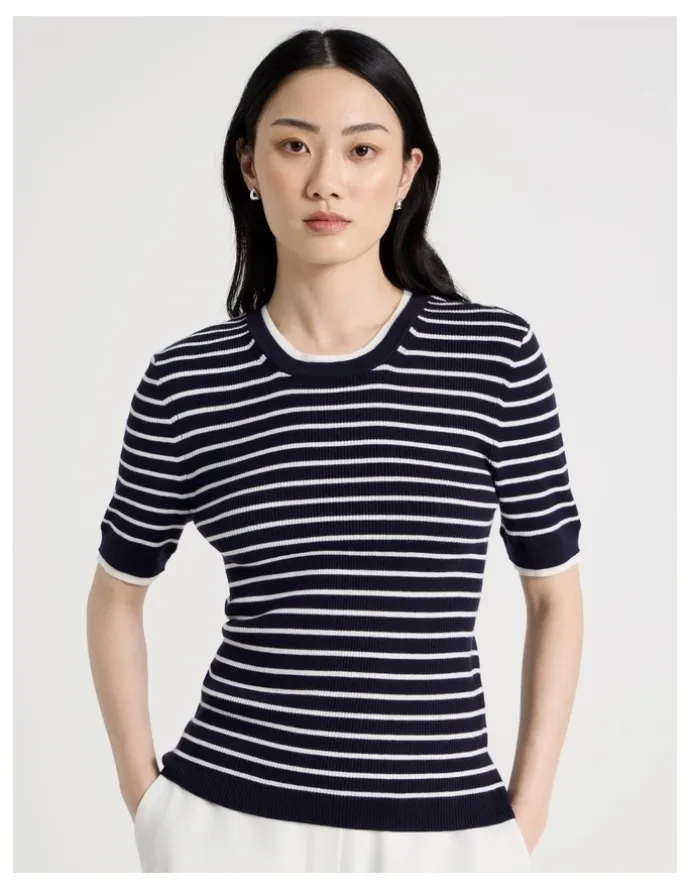 Basque Short Sleeve Double Layer Knit Tee in Navy and White Stripe
