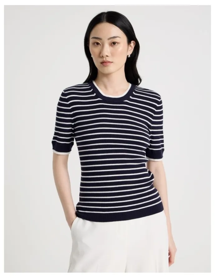 Basque Short Sleeve Double Layer Knit Tee in Navy and White Stripe