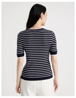 Basque Short Sleeve Double Layer Knit Tee in Navy and White Stripe