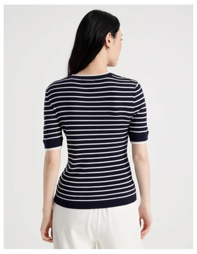 Basque Short Sleeve Double Layer Knit Tee in Navy and White Stripe