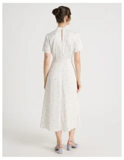 Basque Short Sleeve Satin High Neck Midi Dress in White and Blue Polka Dot