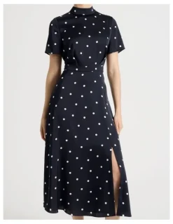 Basque Short Sleeve Satin High Neck Midi Dress in Black and White Polka Dot Print