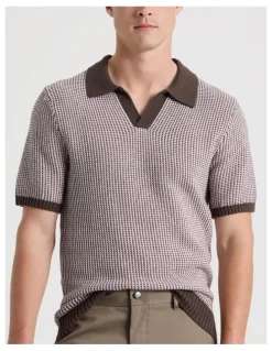 Blaq Geo Stitch Open Collar Knit Polo in Chocolate