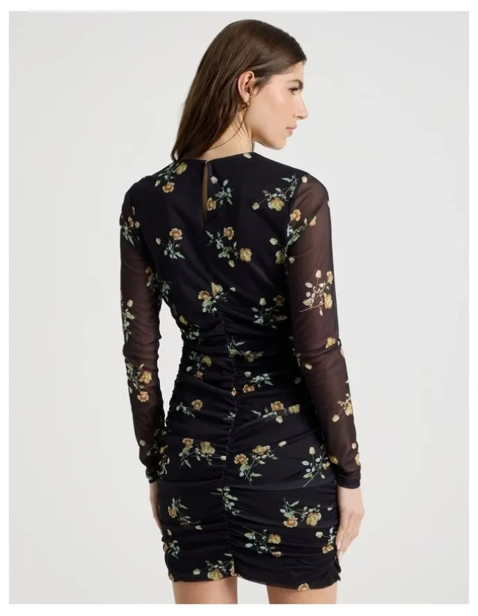 Blaq Mesh Long Sleeve Mini Dress in Black