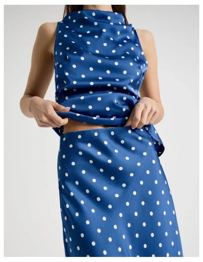 Blaq Satin Maxi Slip Skirt in Blue Spot Print