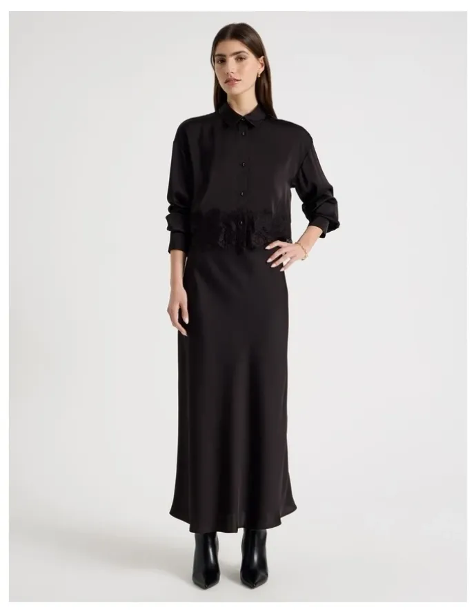 Blaq Satin Maxi Slip Skirt in Black