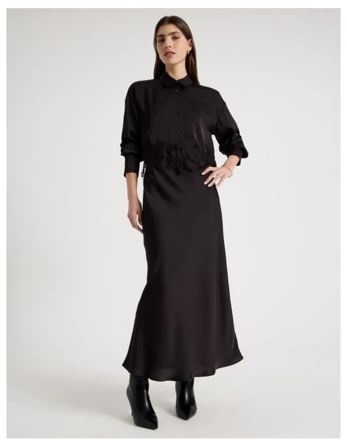 Blaq Satin Maxi Slip Skirt in Black