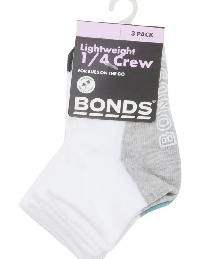 Bonds Baby Baby Logo Lightweight Quarter Crew Socks 3 Pack in Grey