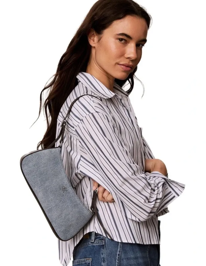 Calvin Klein Monogram Logo Hardware Shoulder Bag in Light Wash Denim