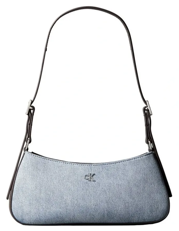 Calvin Klein Monogram Logo Hardware Shoulder Bag in Light Wash Denim