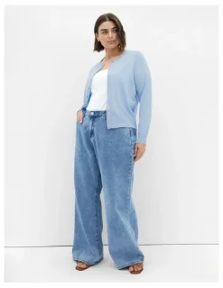 City Chic Ellie Crew Neck Knit Cardigan in Sky Blue
