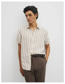 Country Road Short Sleeve Regular Fit Linen Stripe Shirt in Stone
