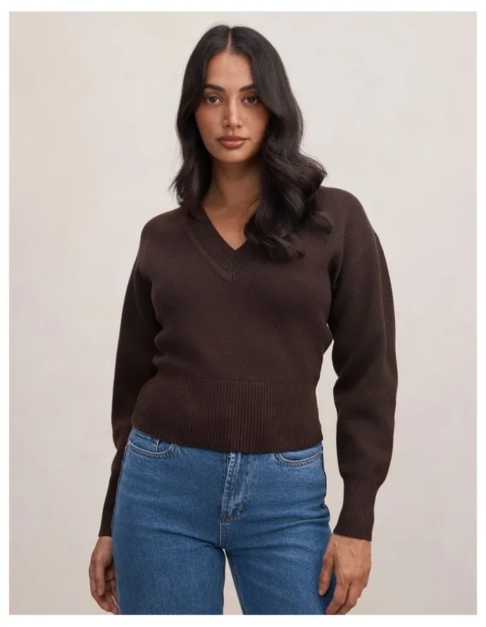 Forever New Raya V-Neck Sweater in Brown