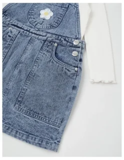Milkshake Denim Pinafore & Tee Set in Blue Daisy