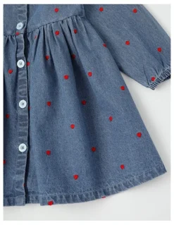 Milkshake Long Sleeve Dress with Hearts in Mid Denim