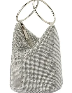 Olga Berg Ellie Crystal Mesh Top Handle Bag in Silver