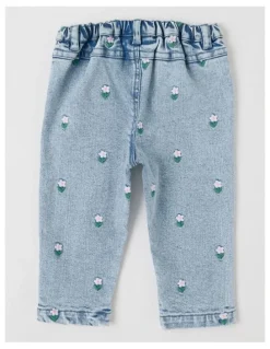Sprout Flower Embroidery Denim Pants in Blue