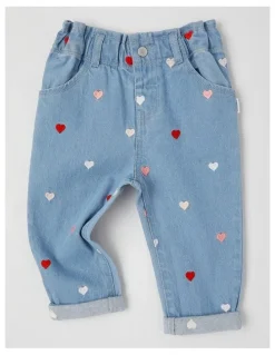 Sprout Heart Embroidered Denim Pants in Blue