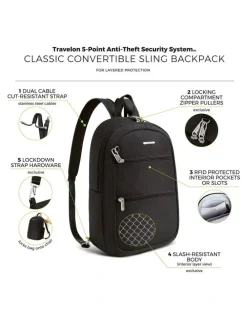 Travelon Classic Anti-Theft Tablet Convertible Sling Backpack in Black