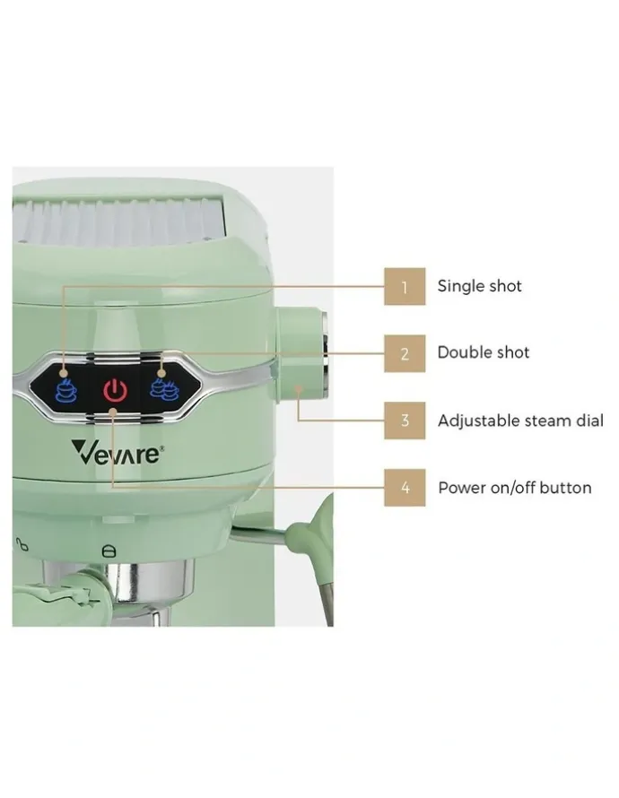 Vevare Vevare Espresso Coffee Machine Latter Cappuccino Maker 19 Bar Milk Frother Mint